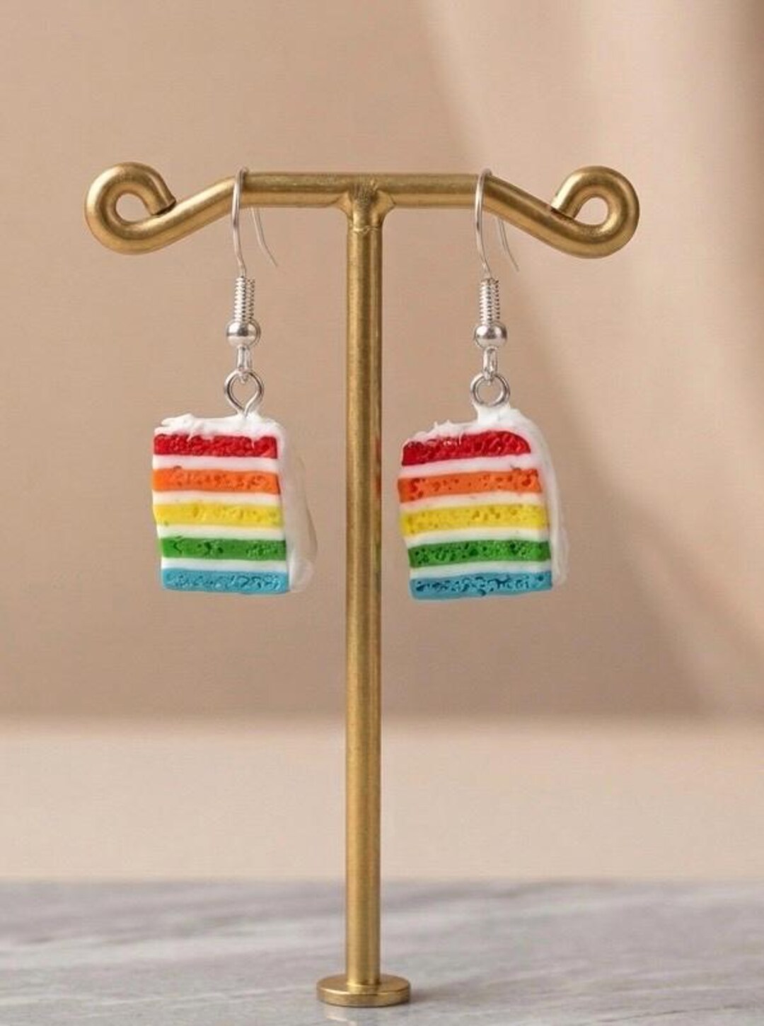Miniature Rainbow Cake Slice Dangle Earrings